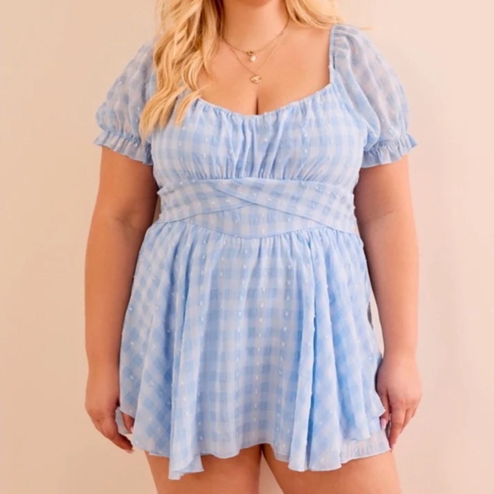 ARULA Light Blue Gingham Stretchy Romper